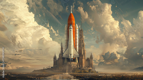 Construct a surreal 3D render where a rocket takes center stage harmoniously merging with a magnificent church as if embracing transcendent aspirations