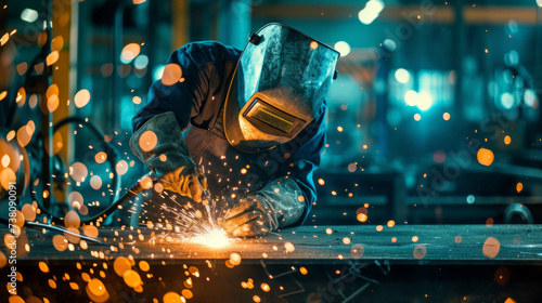 Welder with sparks flying, showcasing a skilled tradesperson working on a metal fabrication project wearing safety gear , welding industry concept 