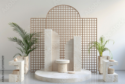 Craft a mesmerizing 3D render of a product display podium featuring a distinctive design that combines minimalist attributes with randomly generated patterns or motifs photo