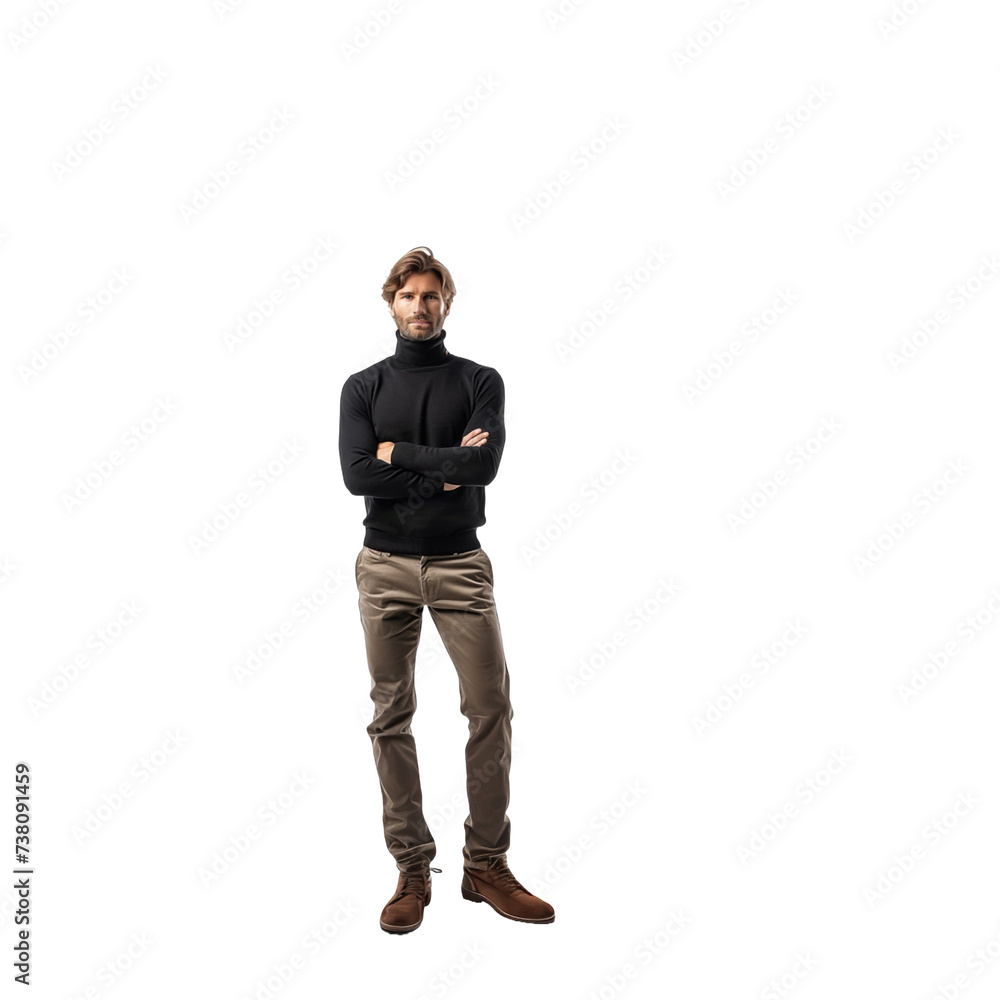 Man with short beard and turtleneck, standing with crossed arms, studio shot on transparent background, isolated. Man with short beard and turtleneck, standing with crossed arms, studio shot on transparent background, isolated.