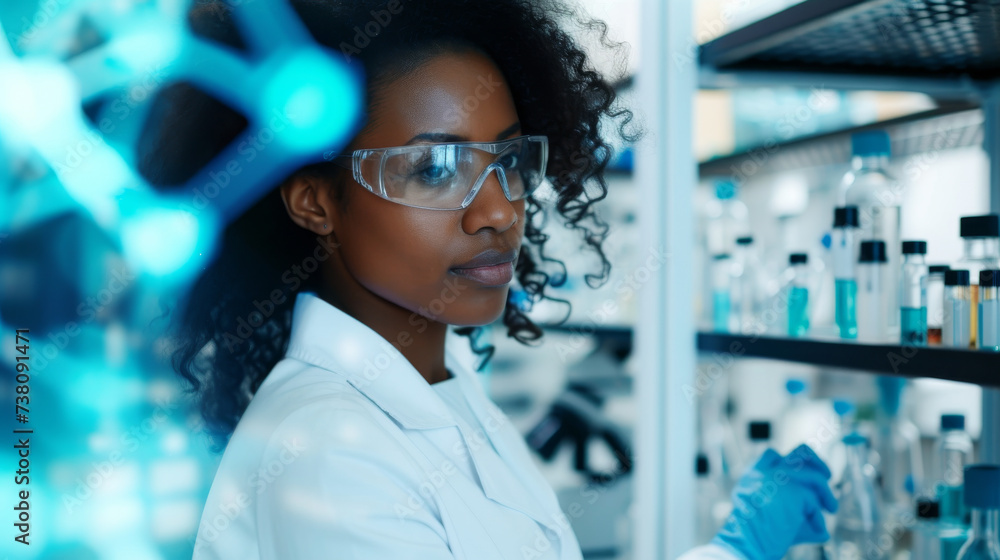 Young black woman in lab and global communication network concept. Wide angle visual for banners or advertisements.
Young black woman in lab and global communication network concept. Wide angle visual for banners or advertisements.