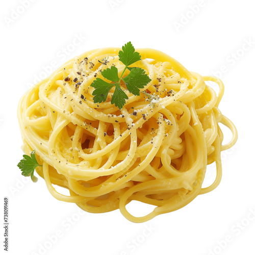 Individual portion of gourmet delicious perfect looking Carbonara pasta, isolated on transparent background.  photo