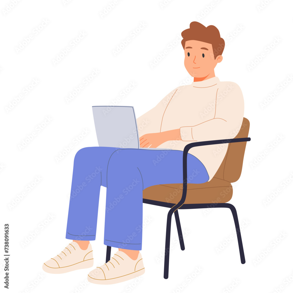 Happy person with laptop computer, sitting in armchair. Freelance worker at online remote work. Happy person with laptop computer, sitting in armchair. Freelance worker at online remote work.