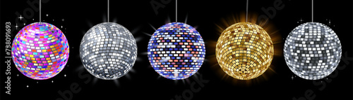 Music club disco balls. Mirror ball for dance floor, glitter globe grid sphere 3D vector illustration set