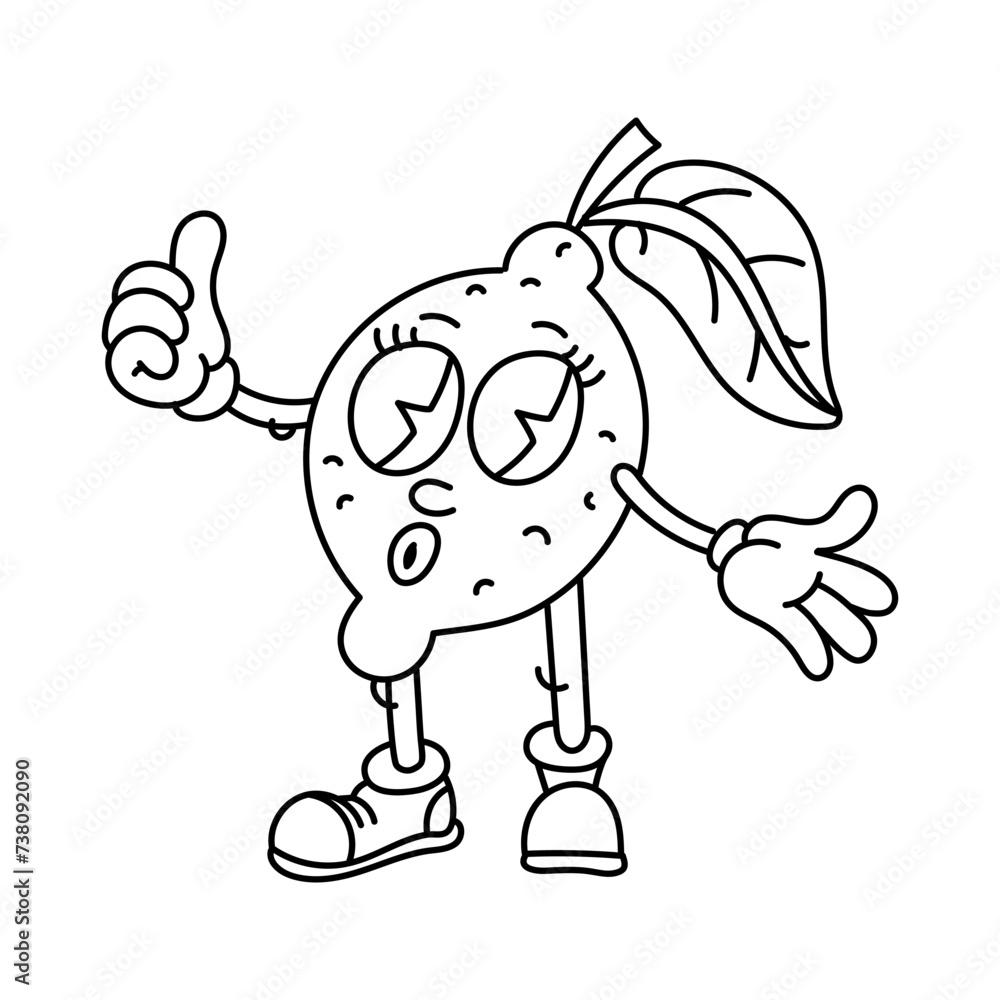 Retro groovy lemon fruits. Cartoon contoured ones with funny comic book characters and gloved hands, a leaf on the head. A lemon with emotions on its face. Cool Fruits are Groovy, y2k, 70s, 60s, retro Retro groovy lemon fruits. Cartoon contoured ones with funny comic book characters and gloved hands, a leaf on the head. A lemon with emotions on its face. Cool Fruits are Groovy, y2k, 70s, 60s, retro