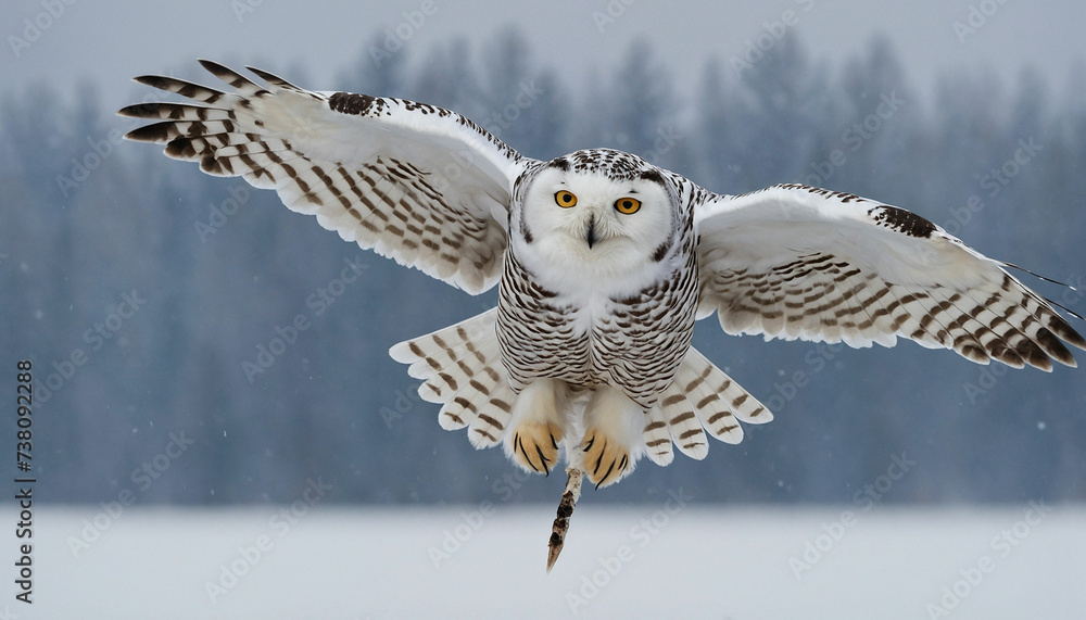 Fototapeta premium Elegance of a snowy owl in flight, its outstretched wings spanning the frame with meticulous precision, each feather meticulously rendered to convey its silent grace against a wintry landscape