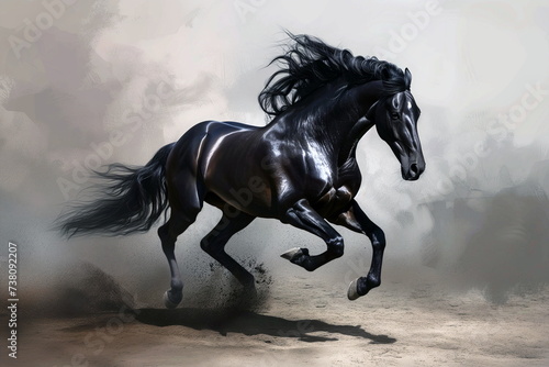 A majestic black horse galloping freely through a dusty terrain, mane flowing with power and grace. © weerasak