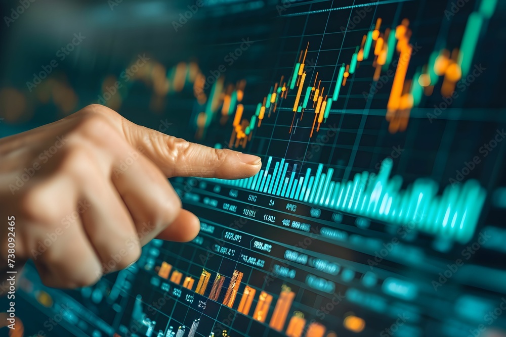 Hand pointing at graphs, stock market data Hand pointing at graphs, stock market data