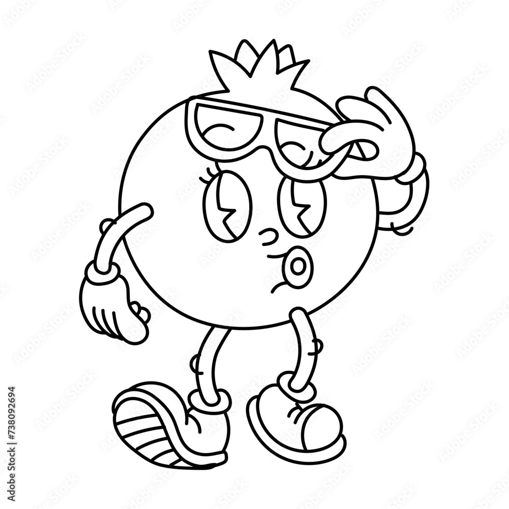 Obraz premium Retro groovy pomegranate fruit contour. Retro cartoon stickers with funny comic book characters and gloved hands with glasses. Fruit with emotions on its face. Cool fruits. Cool, y2k, 70s, 60s, retro
