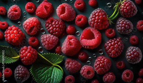 scattered raspberries and a couple of green leaves