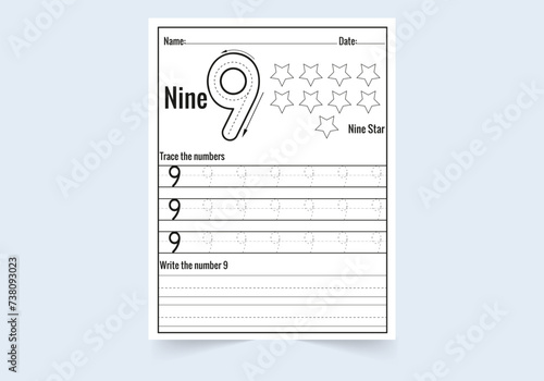 Number nine tracing practice worksheet. write and count numbers and  Coloring worksheets