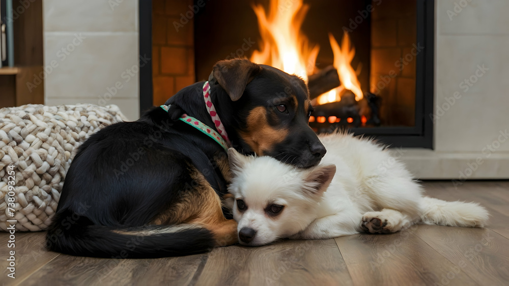Furry Friends Snuggling Together by the Fireplace, Room for Custom Text
