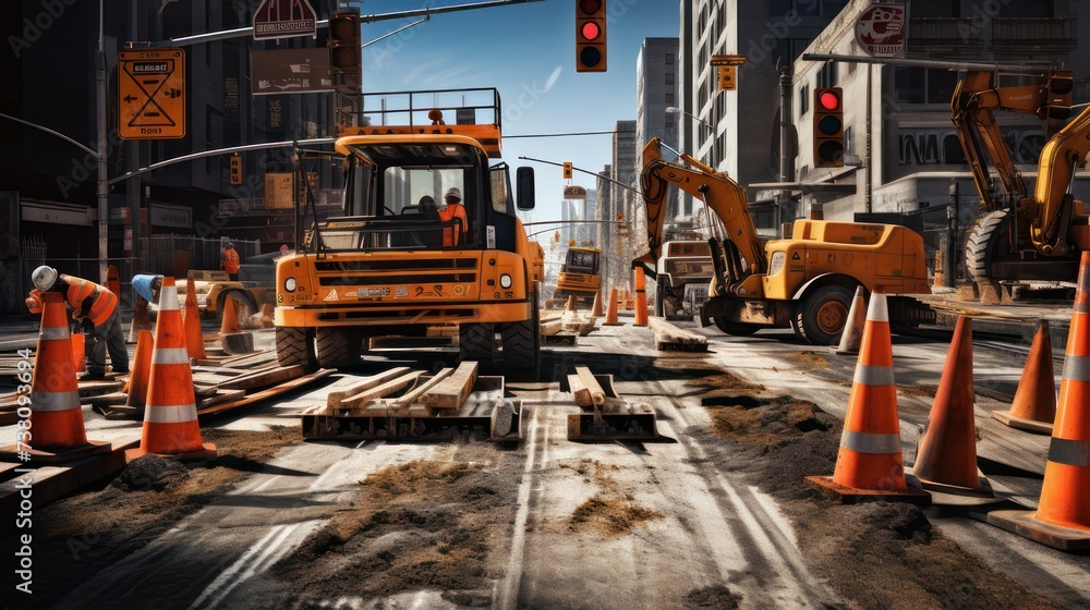 Illustration of road repair work with traffic cone signs and truck, asphalt road construction. Illustration of road repair work with traffic cone signs and truck, asphalt road construction.