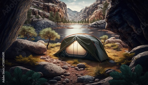 a tent in the middle of the rocks near the water