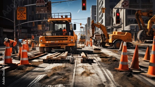 Illustration of road repair work with traffic cone signs and truck, asphalt road construction.