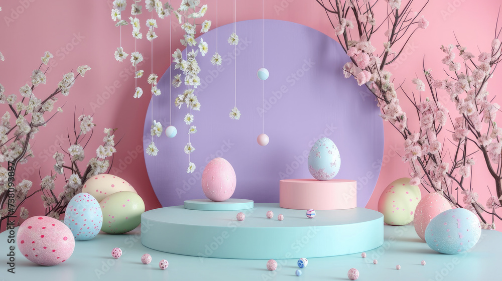 pastel aesthetic easter eggs with flowers, Podium background cherry blossom flowers, easter kawaii spring summer background podium, pastel aesthetic easter eggs with flowers, Podium background cherry blossom flowers, easter kawaii spring summer background podium,