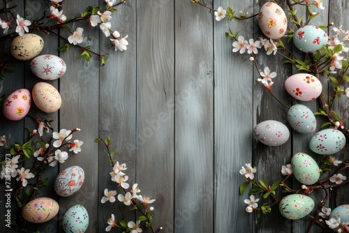 easter eggs and flowers on a wooden table