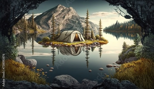 a tent on an island in the middle of a mountain lake