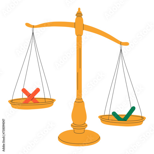 Weight scale with check mark and cross. Yes, no, choice, decision, right, wrong, positive, negative concept