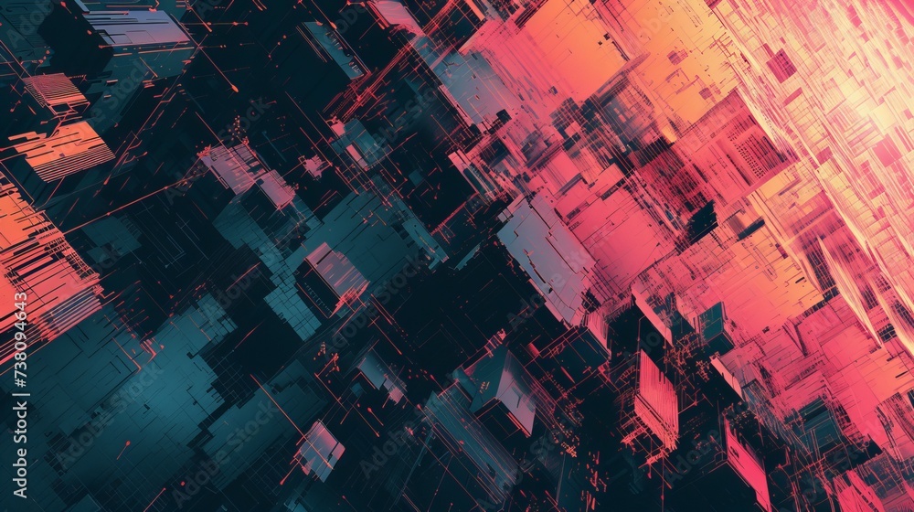 Futuristic abstract background with glowing squares in pink and blue colors - obrazy, fototapety, plakaty 