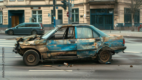 A battered car after a fire on a city road side view