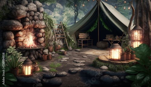 a cozy tent with interesting lighting in the evening park