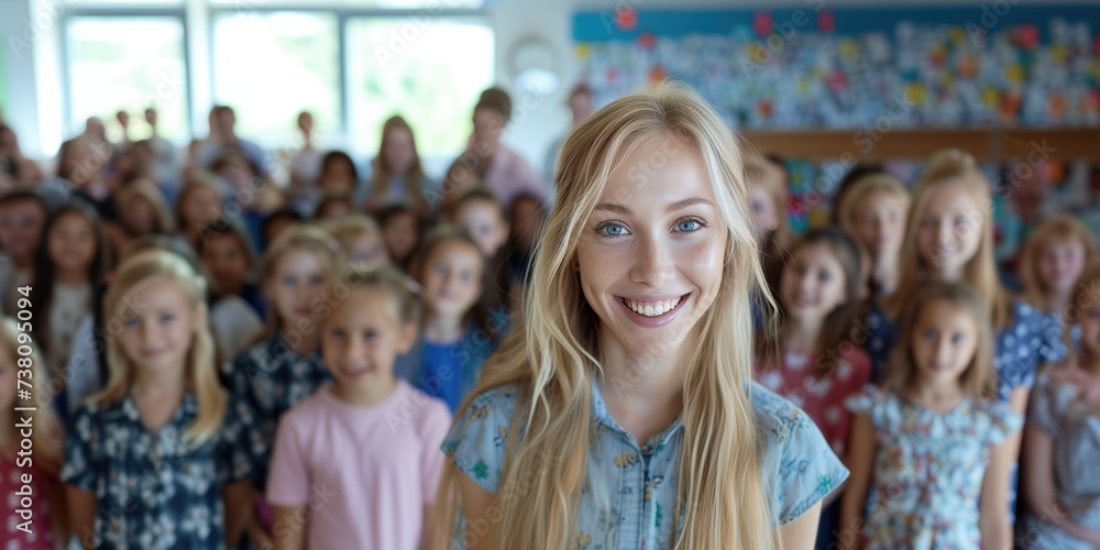 Happy cheerful blonde young teacher or trainee girl student or woman at school with diverse in bright classroom with happy children behind her back looking at camera and smiling with toothy smile