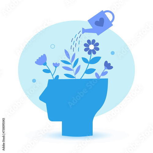 Mental health illustration. Characters solve mentality problems, learn self accepting and psychotherapy concept. Vector illustration.