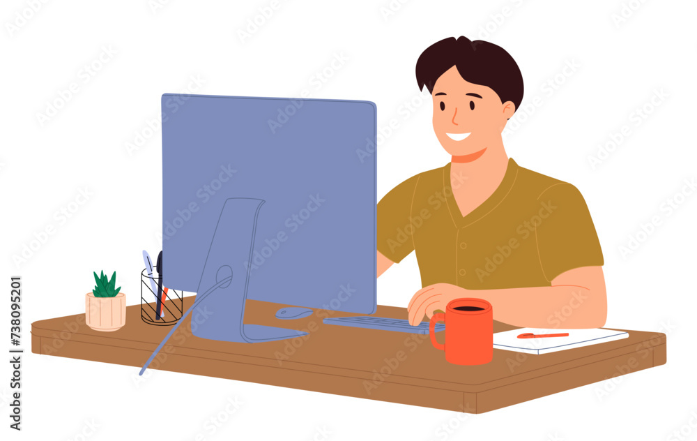 Flat illustration of a man working from home. Businessman sitting at desk and using laptop.