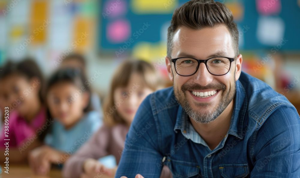Portrait of smiling male teacher in a class at elementary school looking at camera with learning students on background copy scace --ar 5:3 --v 6 Job ID: a36f1ce9-5867-46a3-916d-e93e22e7c3b8 Portrait of smiling male teacher in a class at elementary school looking at camera with learning students on background copy scace --ar 5:3 --v 6 Job ID: a36f1ce9-5867-46a3-916d-e93e22e7c3b8