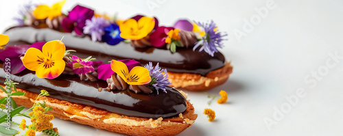Éclairs decorated with edible flowers. Elegant French dessert, close up. Space for text. 