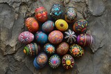 Colorful holiday ornaments are perched on a rocky surface