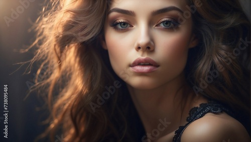 "Radiant Beauty: Close-Up Portrait of a Sultry Woman in Ambient Light"