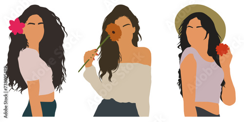 Set of minimalist girls with flower flat vector illustration