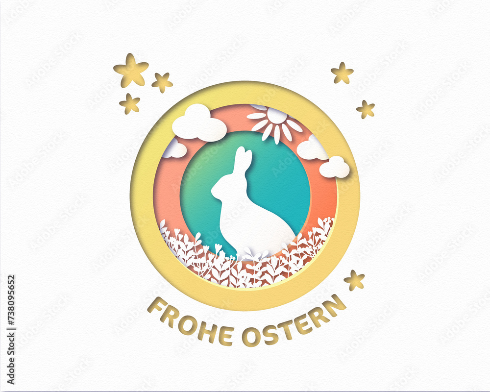 Papierschnitt mit Osterszene, Hasen, Blumen und Ostergruß Papierschnitt mit Osterszene, Hasen, Blumen und Ostergruß