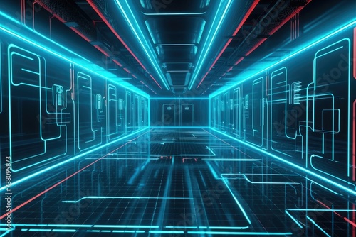 Image of binary code network, ai, futuristic computing matrix corridor