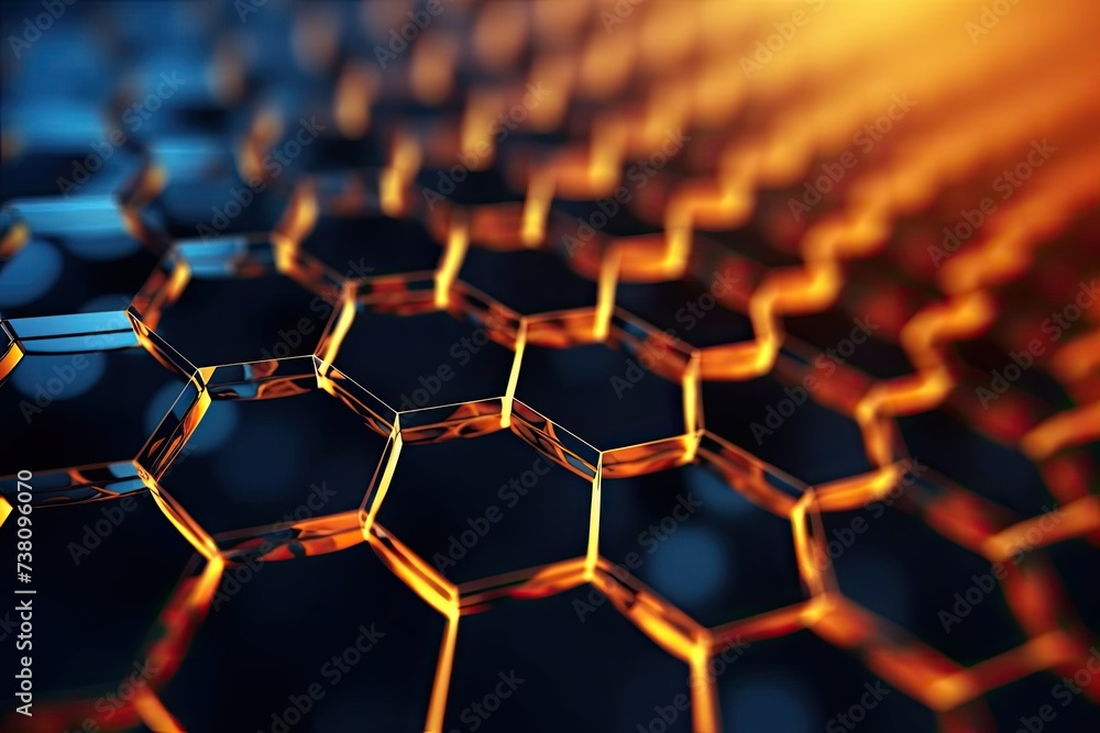 Abstract honeycomb background 3D structure close-up, graphene hexagonal atomic arrangement for use in technology - obrazy, fototapety, plakaty 