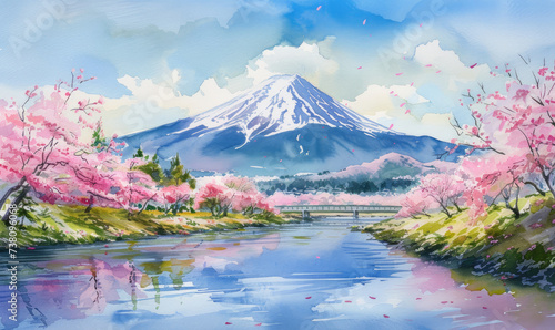 Watercolor Fuji mountain and Pink Sakura Trees along Uruigawa River in Spring, Fujinomiya, Shizuoka, Japan photo