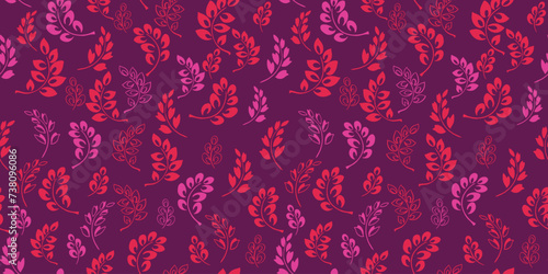 Bright burgundy seamless pattern with abstract tiny branches leaves and drops, spots. Vector hand drawn sketch. Creative simple contour silhouette floral stems background. Template for design, collage