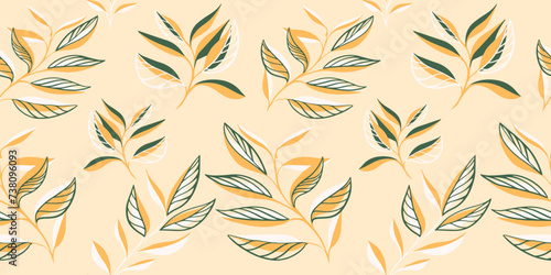 Modern, minimalist, abstract tropical leaves seamless pattern. Vector hand drawn sketch leaf silhouettes. Collage contemporary botanical yellow print. Template for design, textile, fashion, patterned