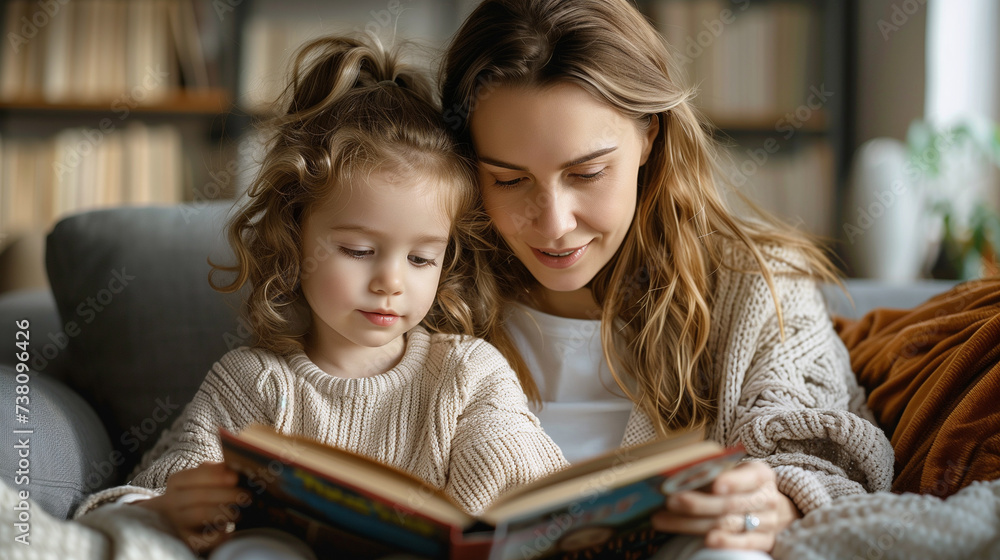 Reading : Lovely family mom and daughter reading story together on sofa daytime at home family hobby. Reading : Lovely family mom and daughter reading story together on sofa daytime at home family hobby.