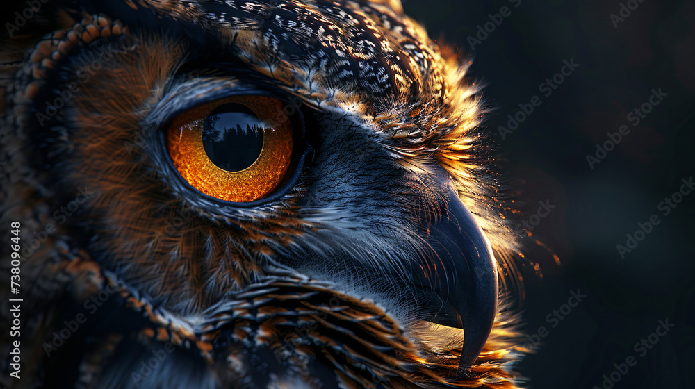 owl, in the style of dramatic lighting, dark black and orange, close-up, photo-realistic techniques, high resolution owl, in the style of dramatic lighting, dark black and orange, close-up, photo-realistic techniques, high resolution