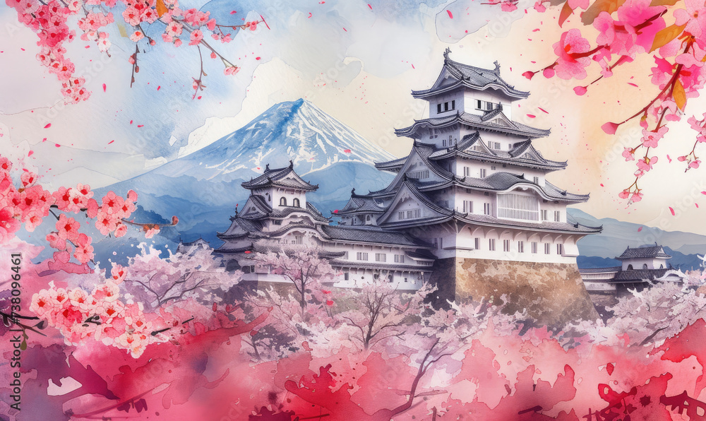 Naklejka premium Watercolor Himeji Castle and cherry blossoms filled with Mount Fuji background Japan