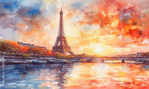Watercolor The main attraction of Paris and all of Europe is the Eiffel tower in the rays of the setting sun on the bank of Seine river