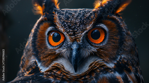 owl, in the style of dramatic lighting, dark black and orange, close-up, photo-realistic techniques, high resolution