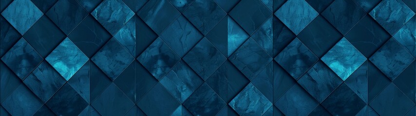 Abstract dark blue colored 3d vintage worn shabby lozenge diamond rue motif tiles stone concrete cement marbled stone wall texture wallpaper background banner panorama, seamless pattern