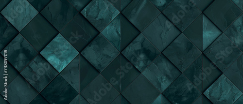 Abstract dark green colored 3d vintage worn shabby lozenge diamond rue motif tiles stone concrete cement marbled stone wall texture wallpaper background banner panorama