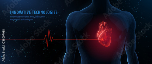 Human heart and body with red cardio line. Abstract 3d vector. Heart anatomy, cardiology medicine