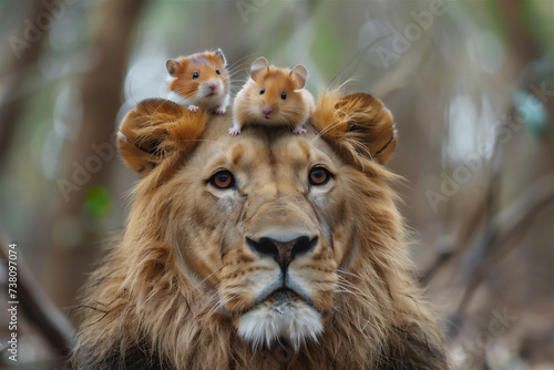 lion and two hamsters on his head