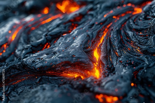 Hot lava flow in the crater of a volcano. Abstract background.